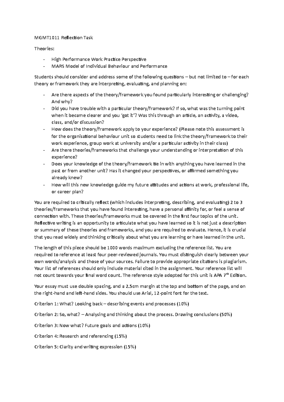 MGMT1011 Reflection Task notes - MGMT1011 Reflection Task Theories ...