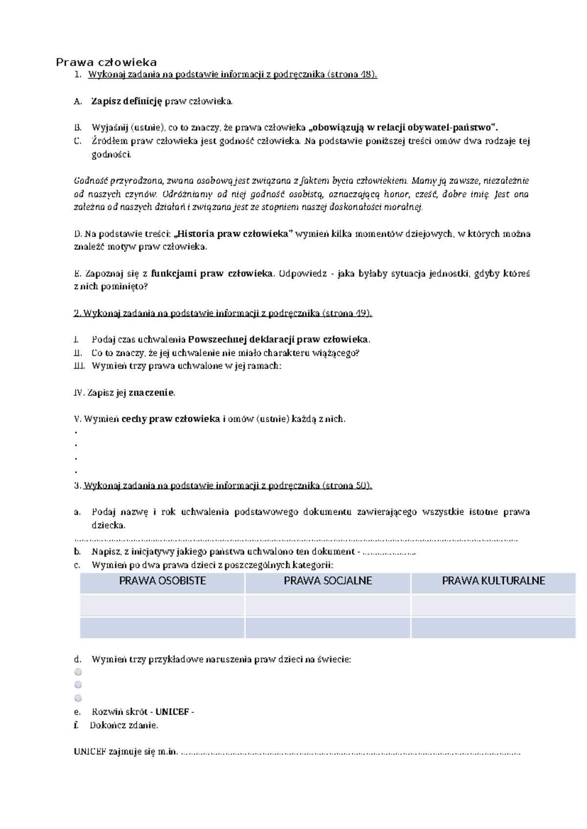 8c karta pracy z Praw człowieka - Prawa człowieka 1. Wykonaj zadania na