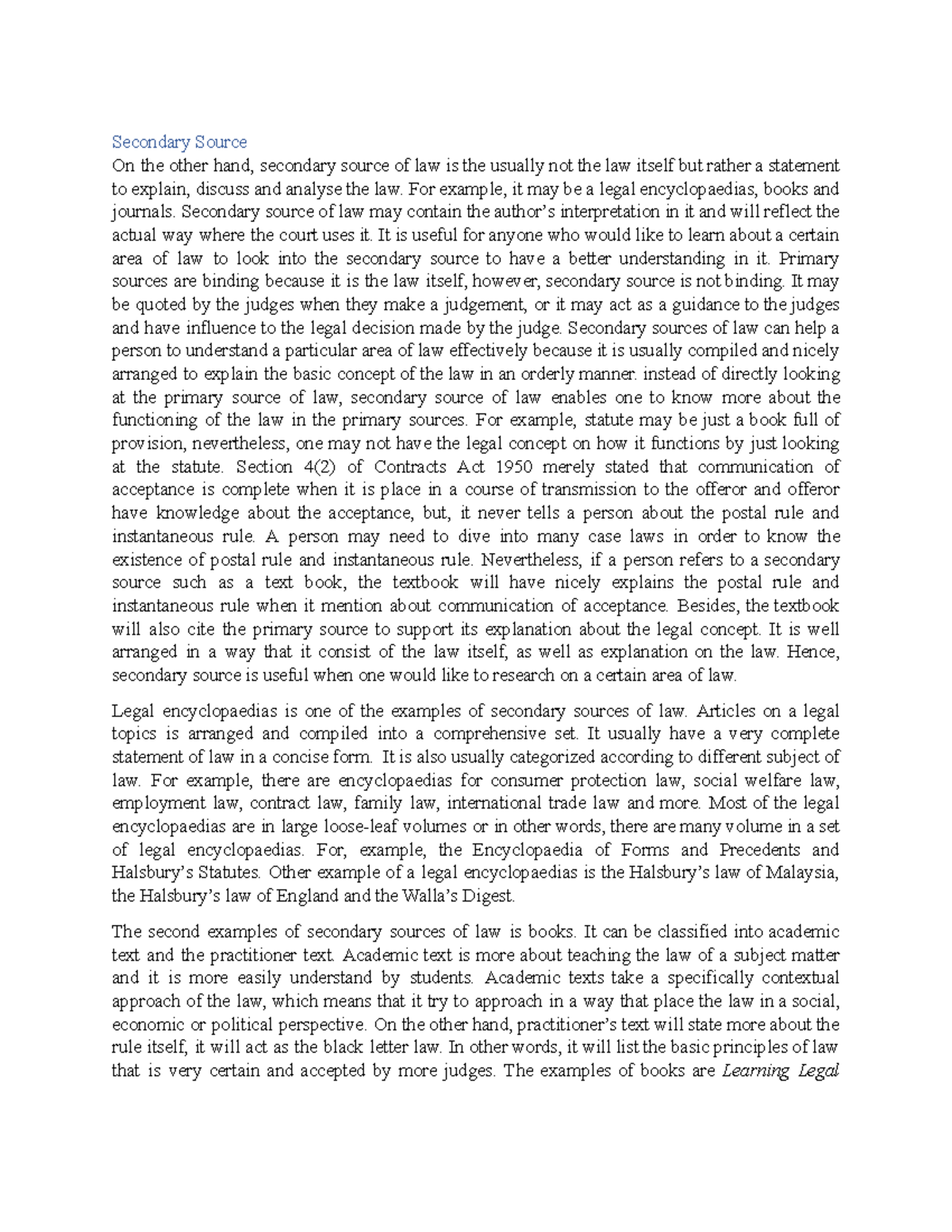 Secondary Source of law - Legal Method - MMU - Studocu