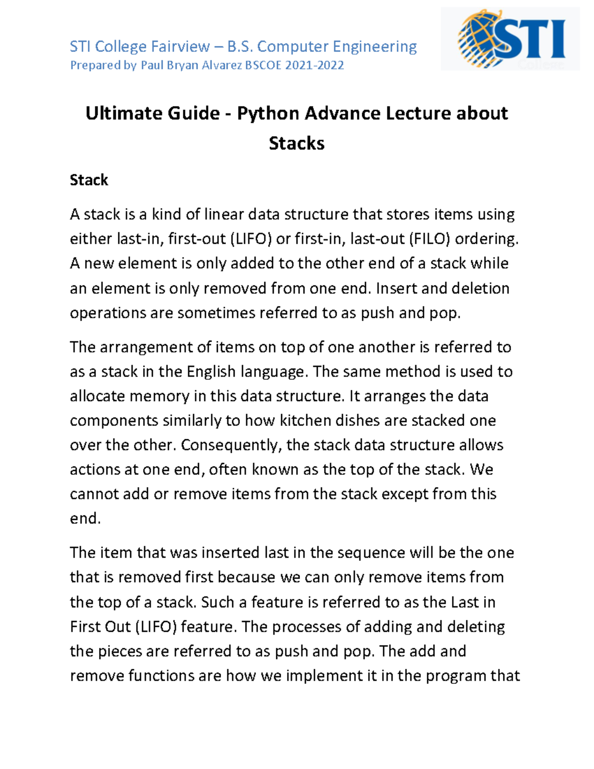 Ultimate Guide - Python Advance Lecture about Stacks - Prepared by Paul ...