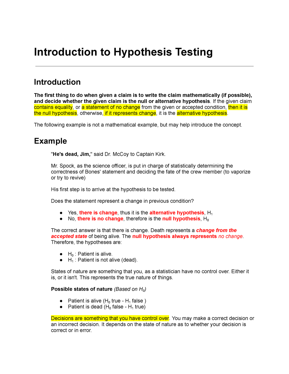 introduction to hypothesis testing assignment