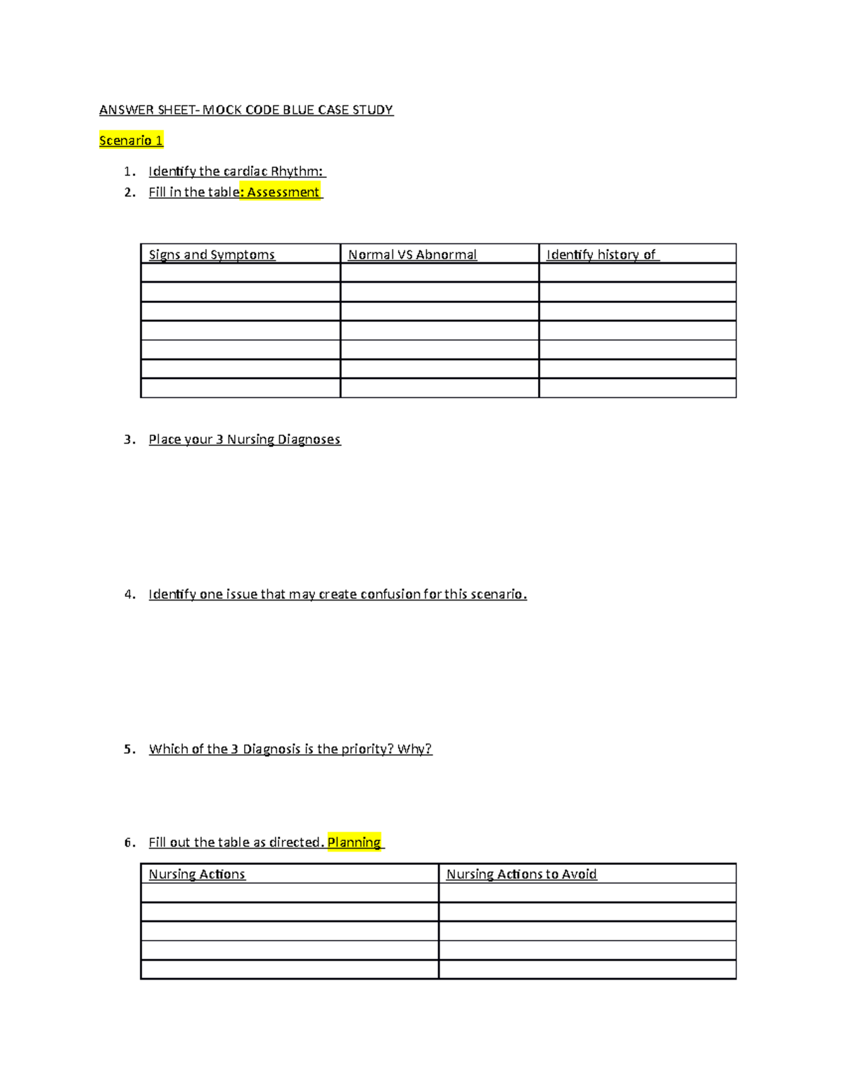 Mock Code Blue Case answer sheet - ANSWER SHEET- MOCK CODE BLUE CASE ...