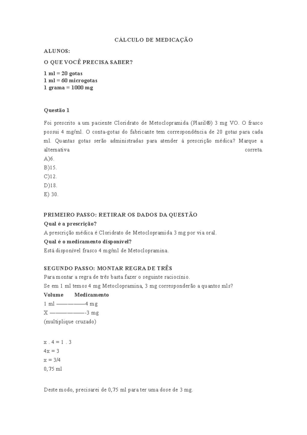 Cálculo De Medicação Exercícios - NAZAEDU