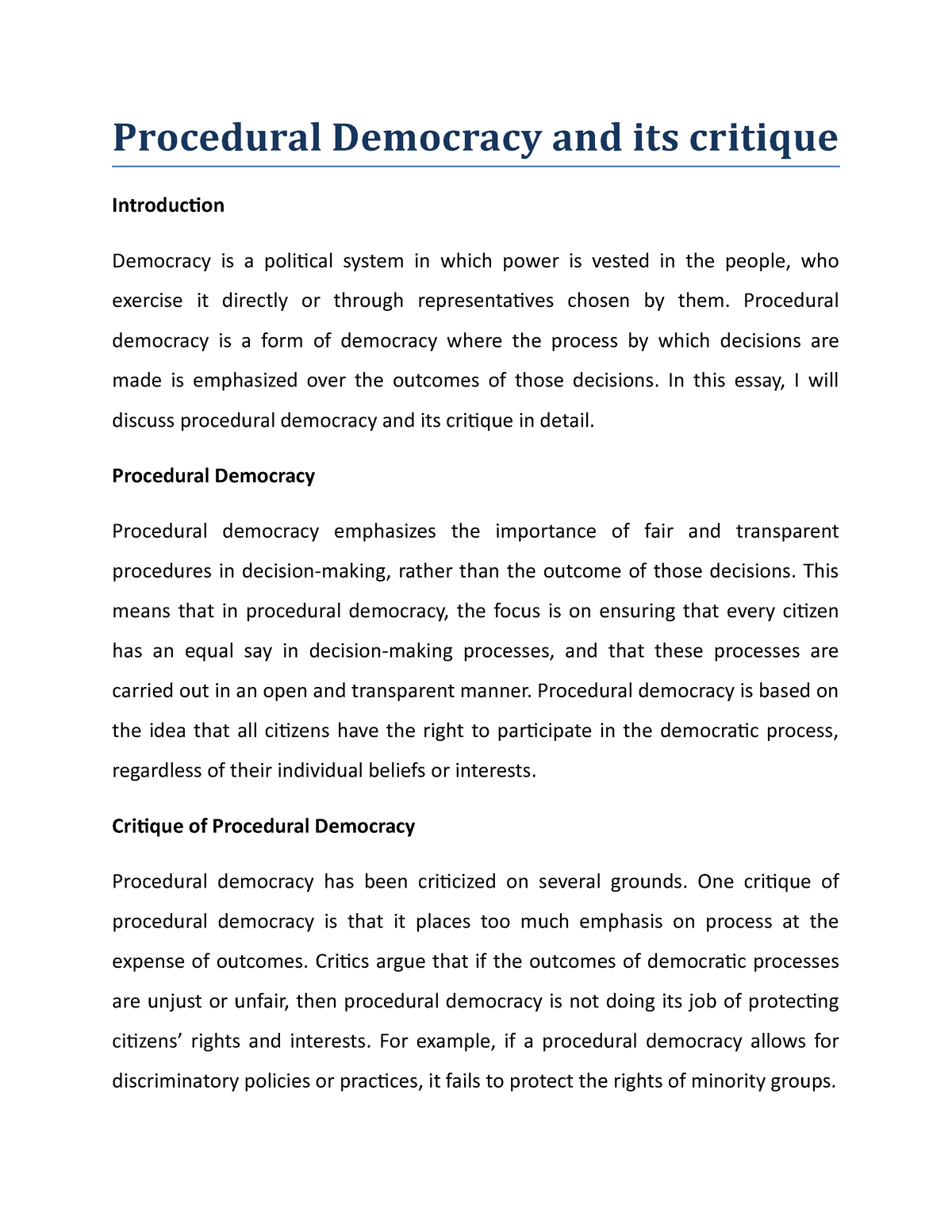 write an essay on procedural and substantive democracy pdf