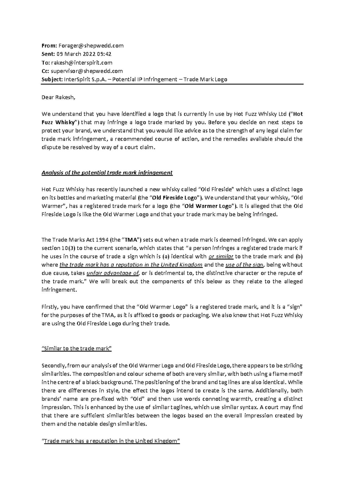 model-answer-email-to-client-trade-mark-infringement-from