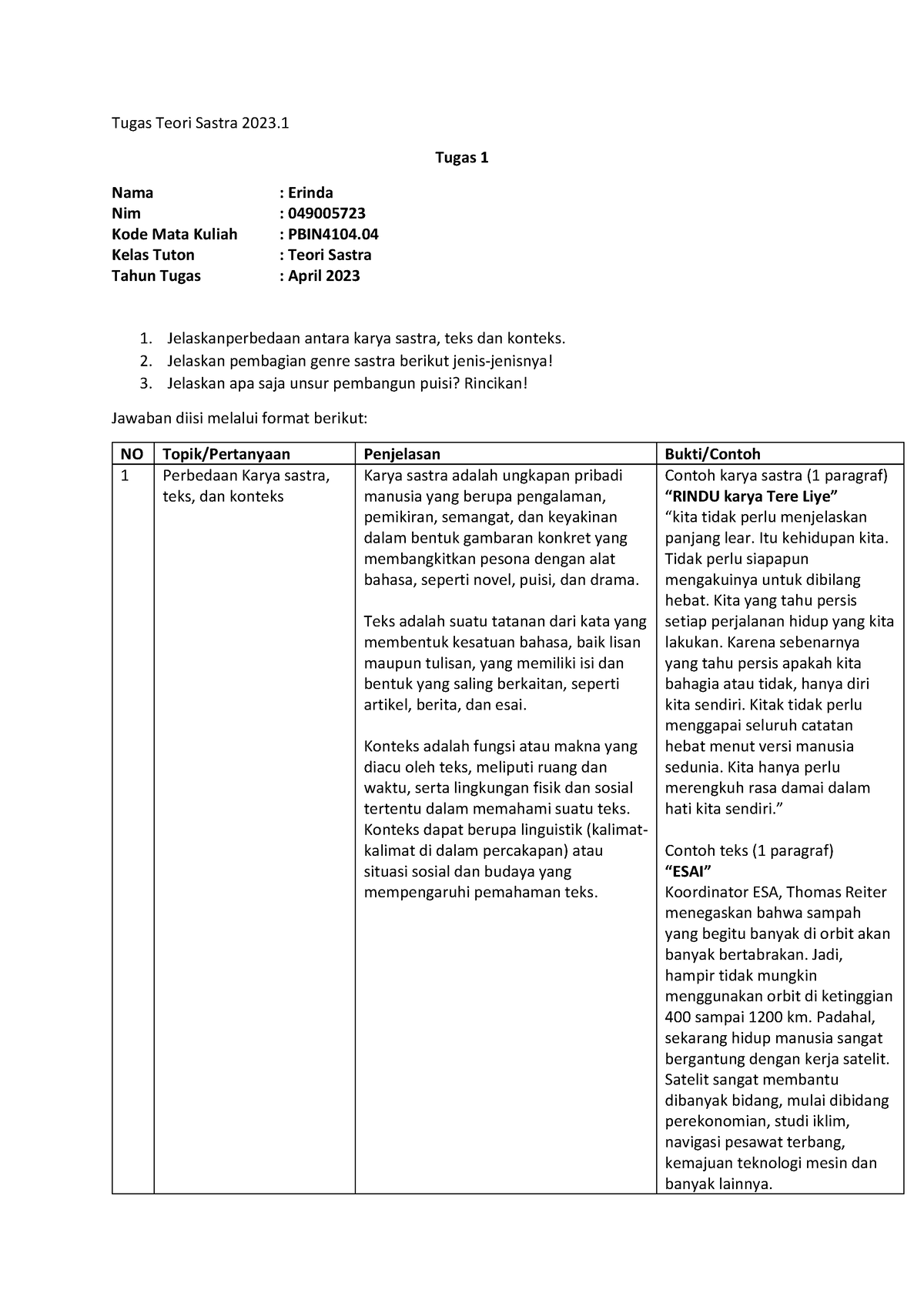 Tugas 1 (B) - Tugas Teori Sastra 2023. Tugas 1 Nama : Erinda Nim ...