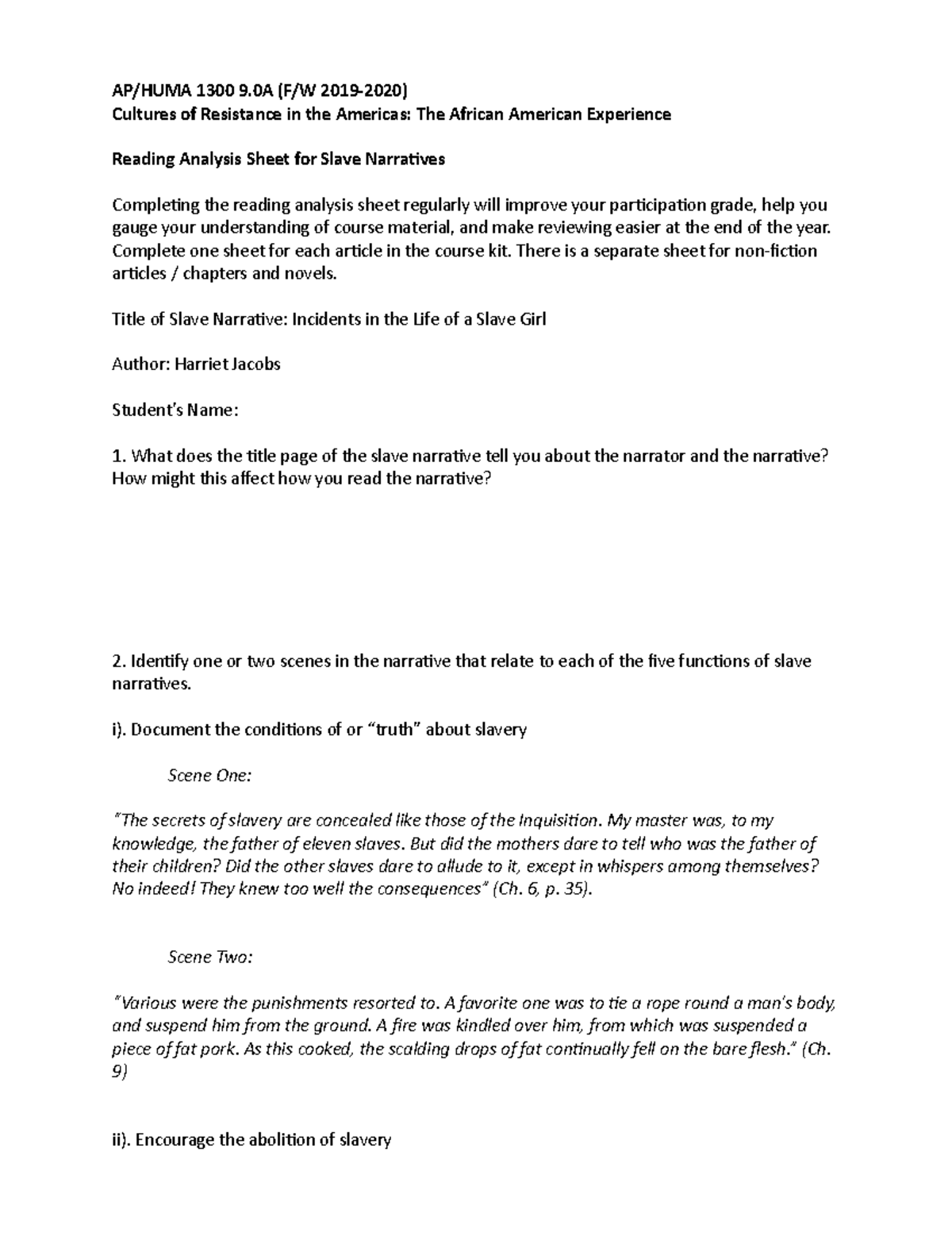 Reading Analysis Sheet Incidents in the Life of a Slave Girl AP