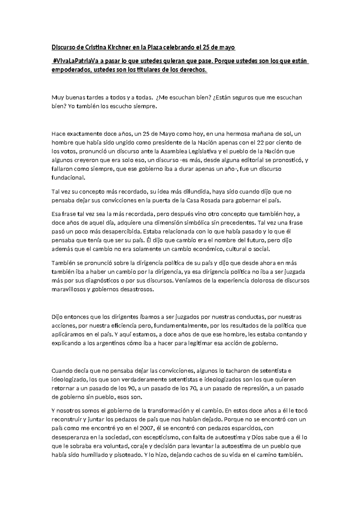 Discurso de Cristina Kirchner en la Plaza celebrando el 25 de mayo ...