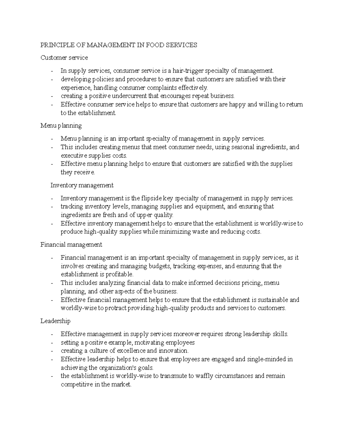 Principle OF Management IN FOOD Services Notes 2 - PRINCIPLE OF ...