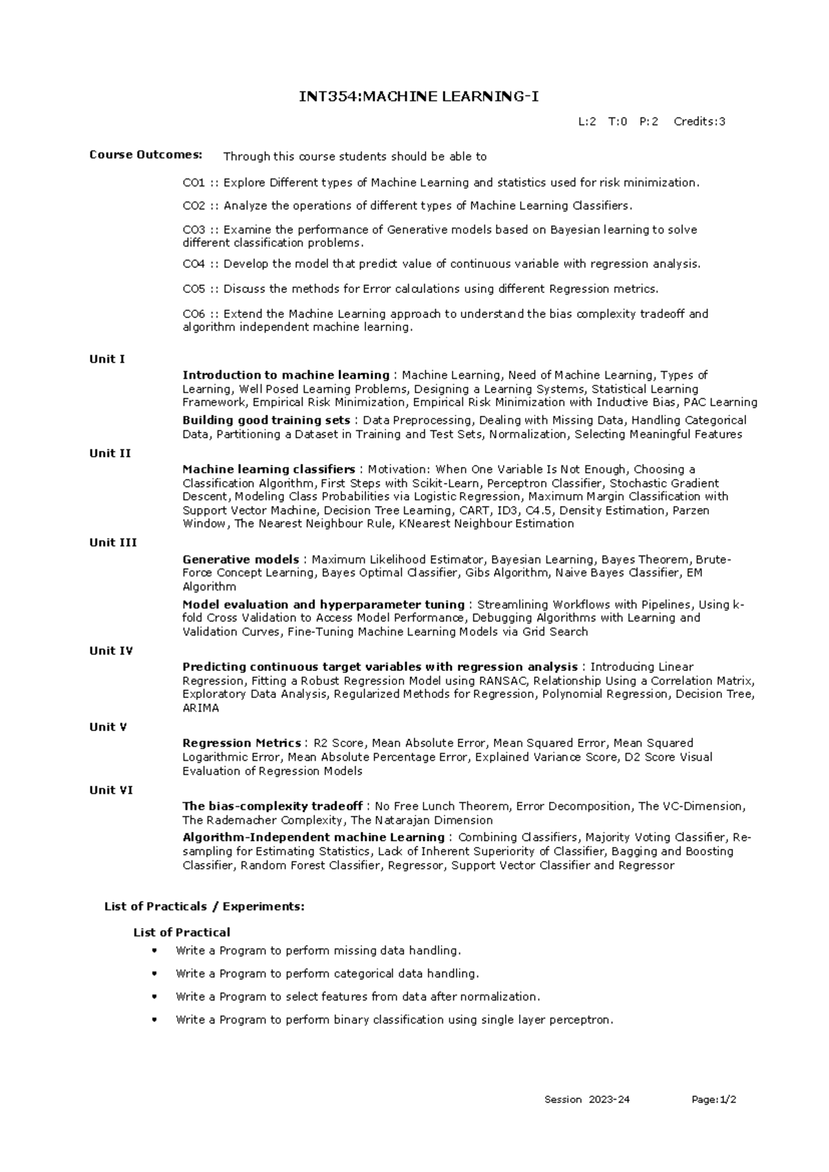 Frm Course Syllabus IPDownload - INT354:MACHINE LEARNING-I Course ...