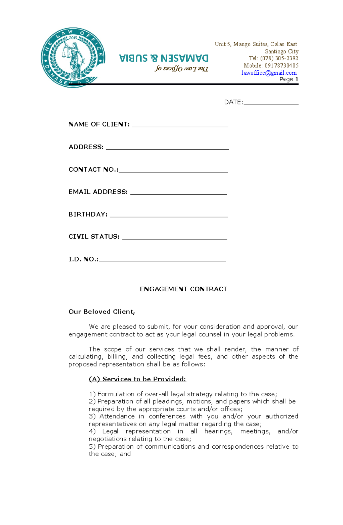 Engagement Contract Callang - Santiago City Tel: (078) 305- Mobile ...