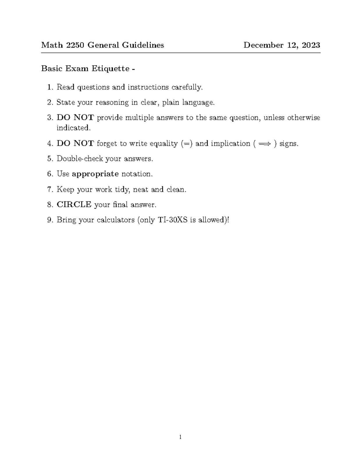 Guidelines regarding the exam - Math 2250 General Guidelines December ...