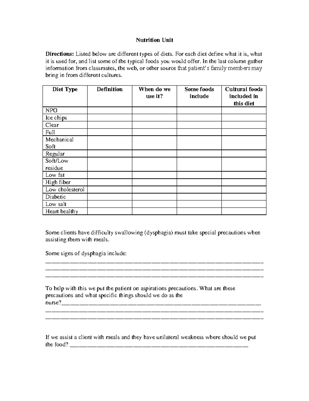 Nutrition Unit - slides - Nutrition Unit Directions: Listed below are ...