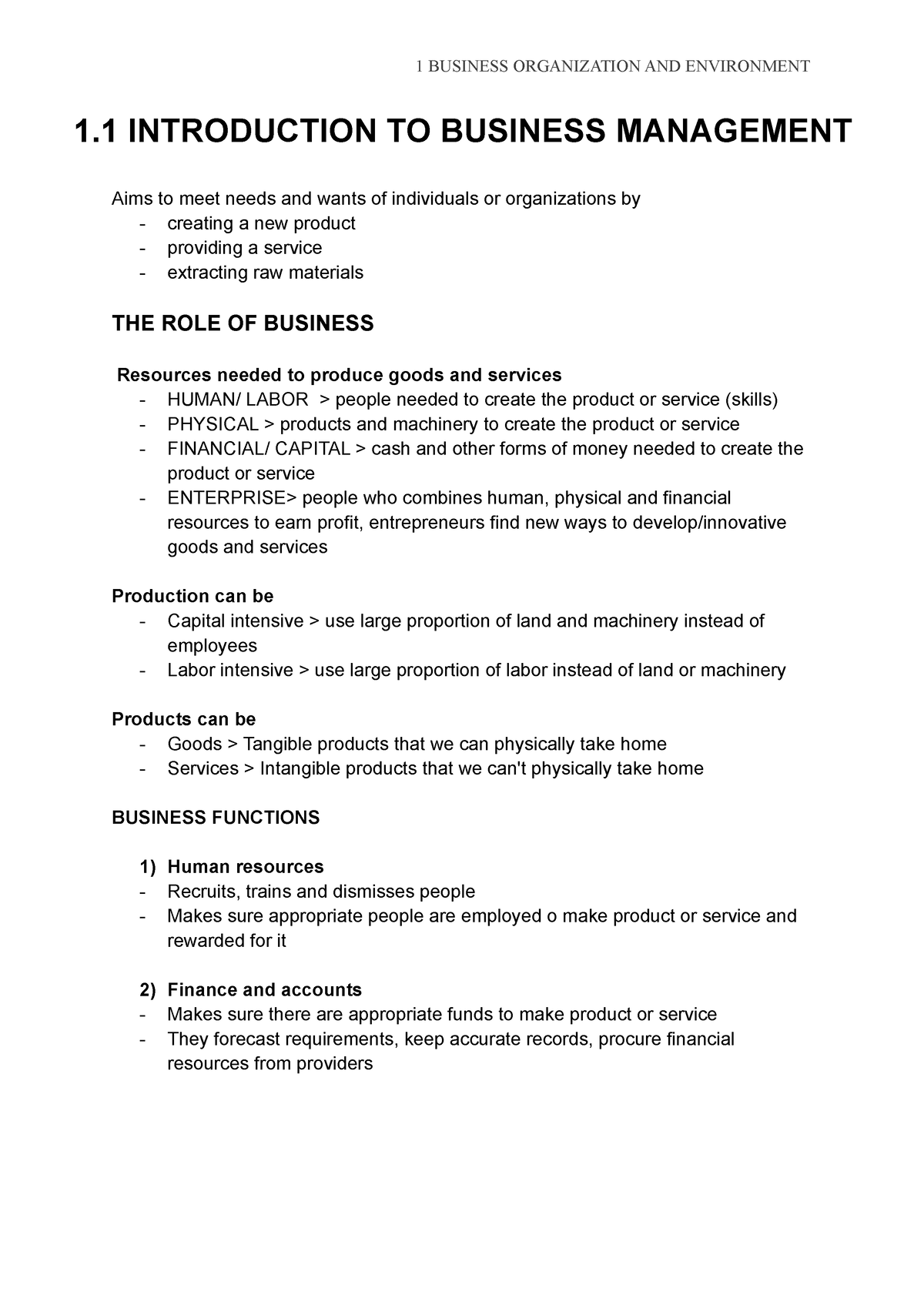 Business Chapter 1 - 1 INTRODUCTION TO BUSINESS MANAGEMENT Aims To Meet ...