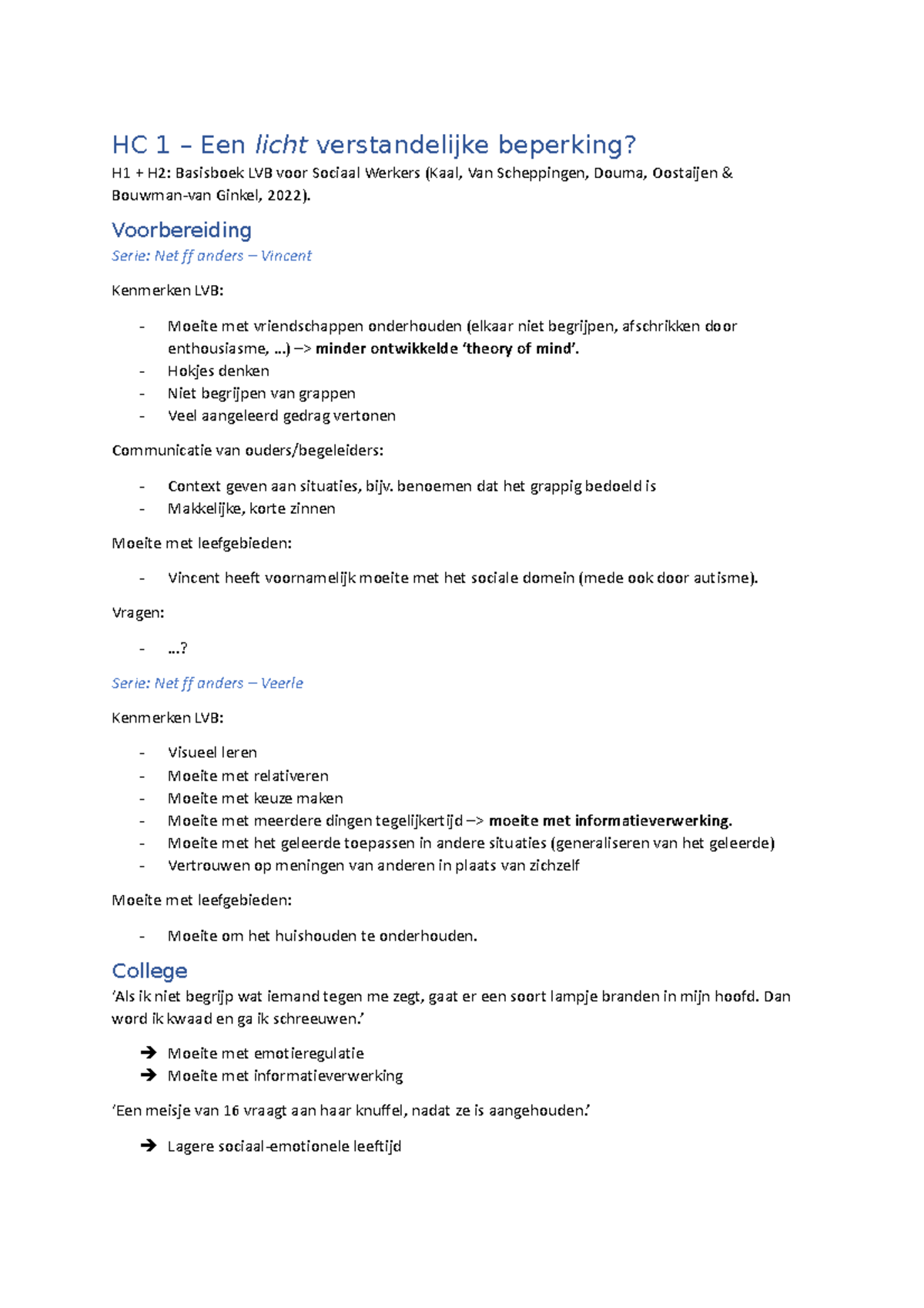 Aantekeningen H1 - HC 1 – Een Licht Verstandelijke Beperking? H1 + H2 ...