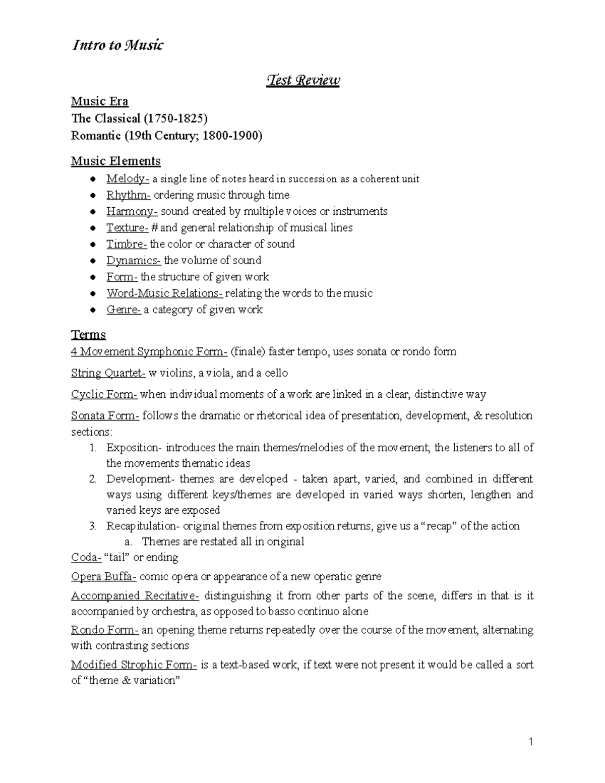 MUS 101 Test Review Part 1 - Intro to Music Test Review Music Era The ...
