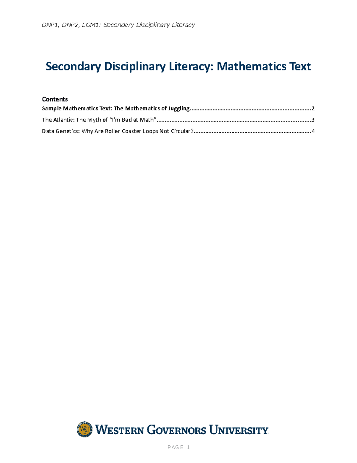 Secondary Disciplinary Literacy Mathematics - DNP1, DNP2, LGM1 ...