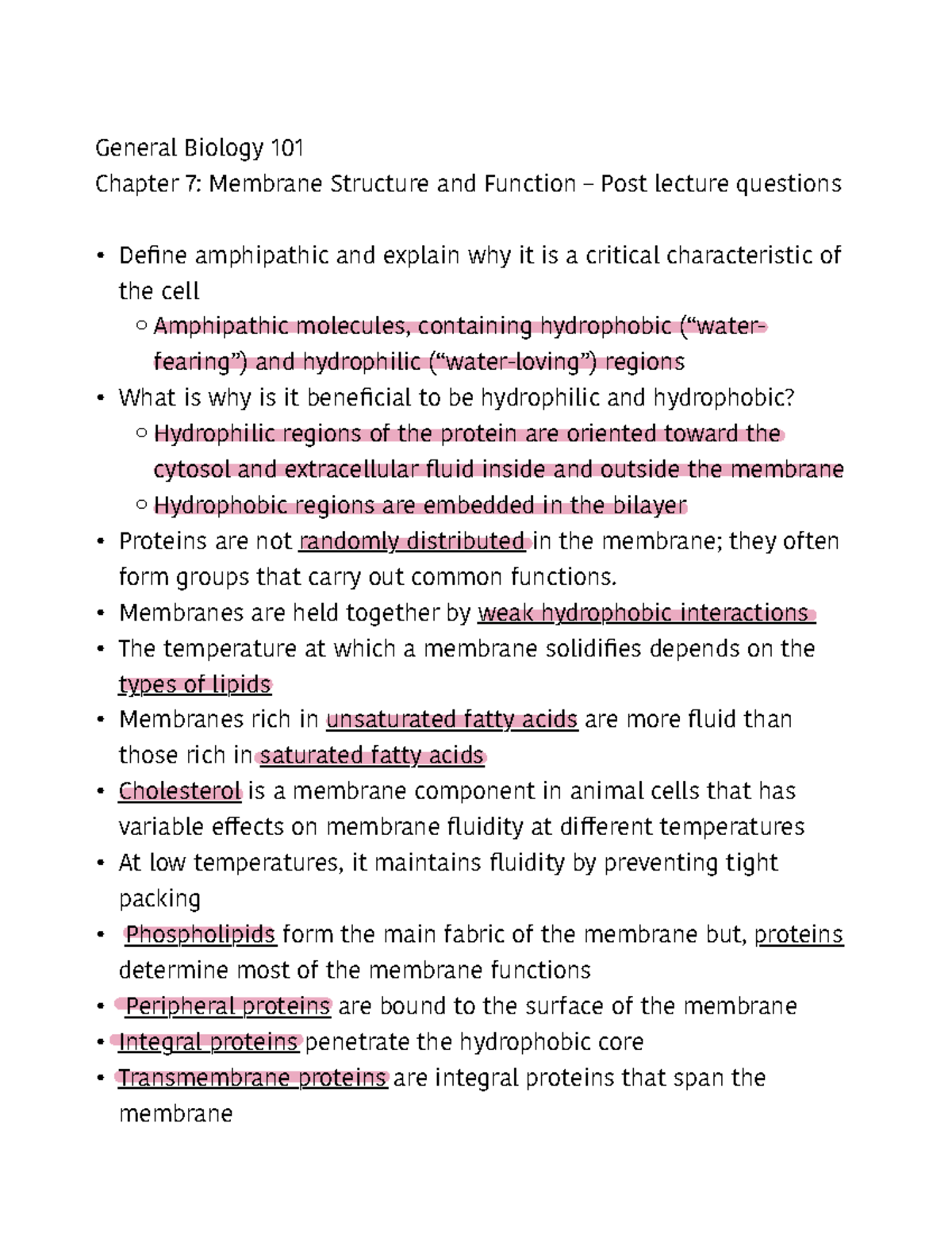 Chapter 7 Post Lecture Questions General Biology 101 Chapter 7