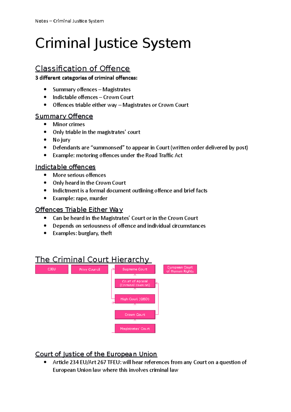 Notes Criminal Justice System Hear summary offences defined statute