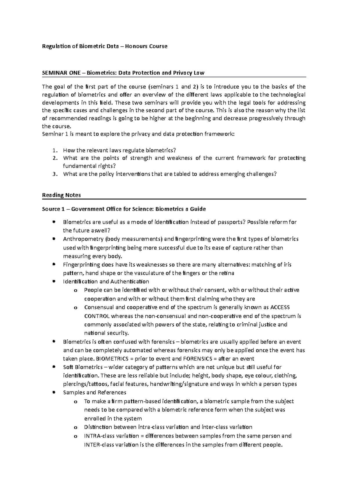 Biometrics - Seminar 1 - Lecture notes 1 - Regulation of Biometric Data ...