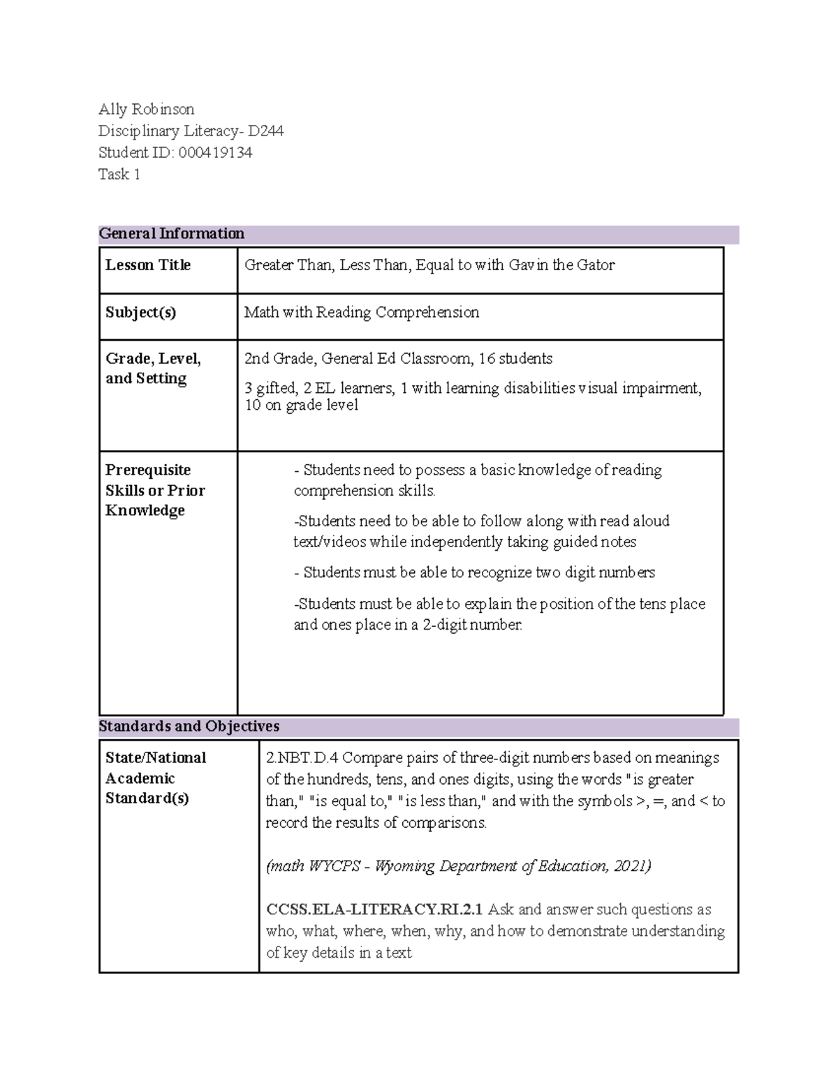 Disciplinary Literacy- D244 Task 1 - D244 - WGU - Studocu