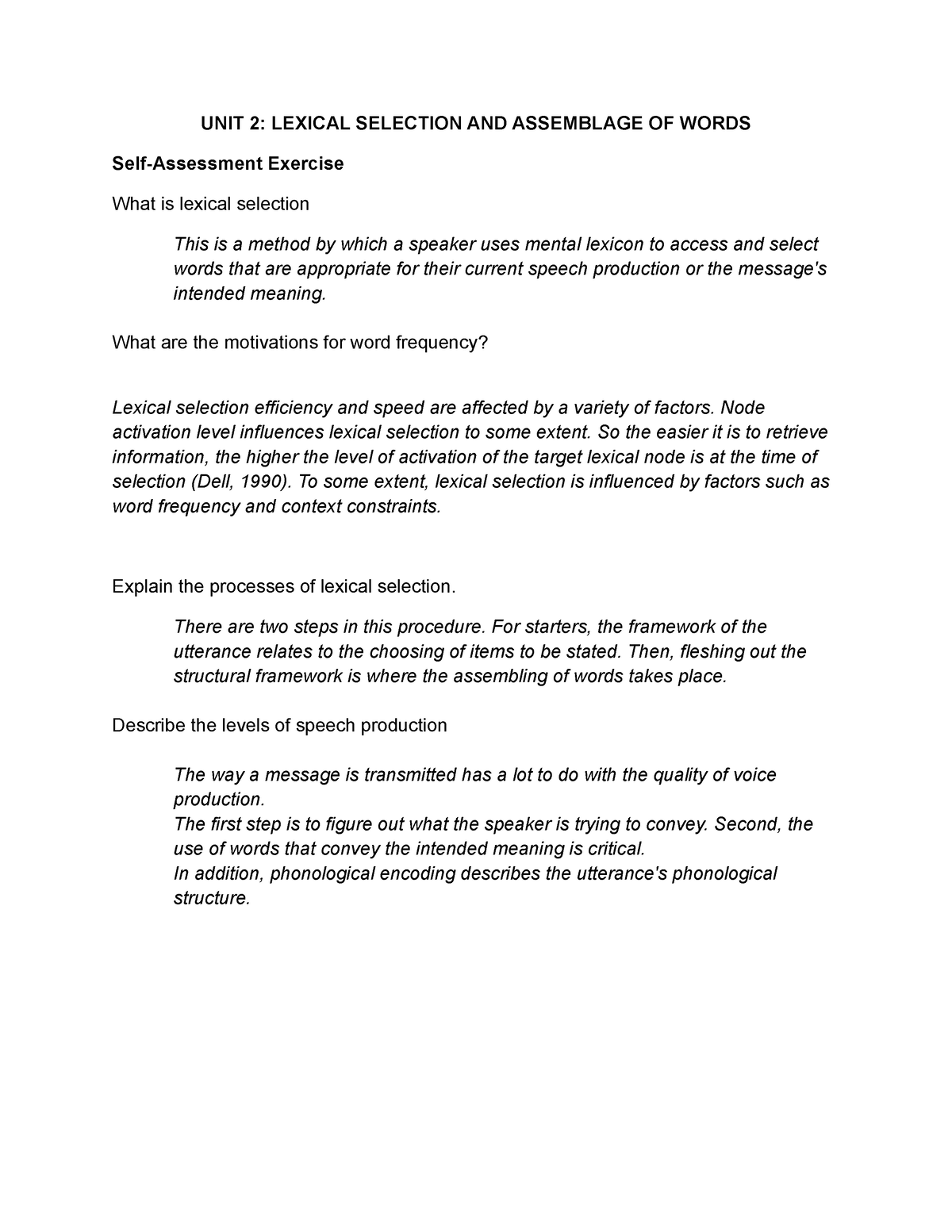 Special Topics In English UNIT 2 Lexical Selection UNIT 2 LEXICAL 