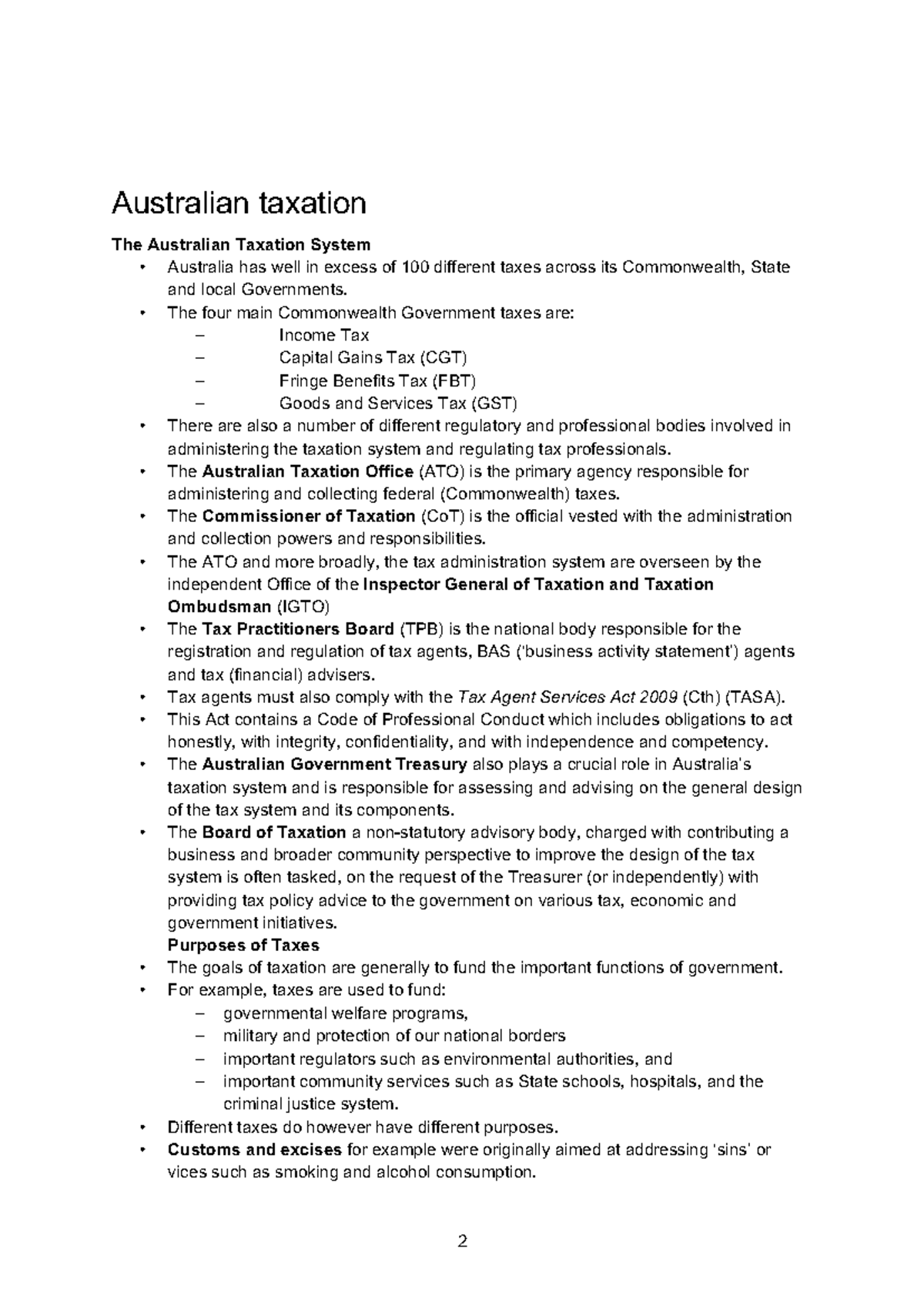 Tax notes topic 1&2 - Australian taxation The Australian Taxation ...