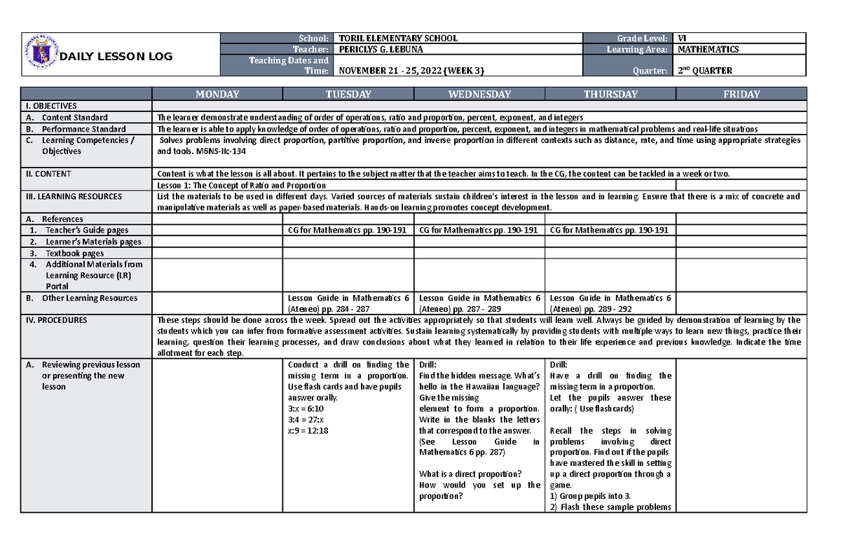DLL Mathematics 6 Q2 W3 - lesson log - DAILY LESSON LOG School: TORIL ...