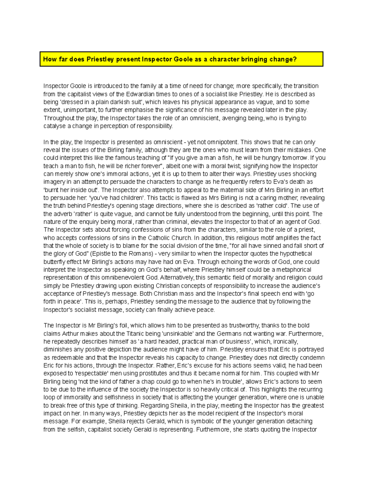 inspector goole essay grade 9