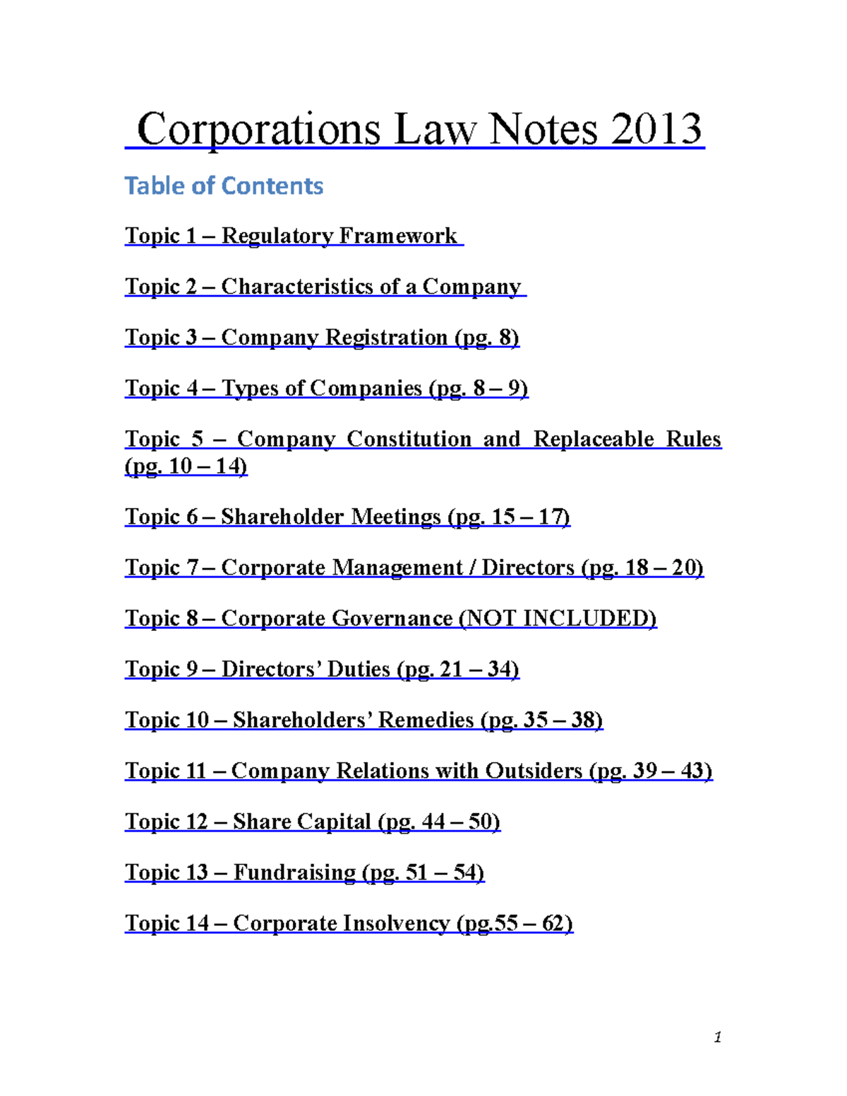 Corp Law Notes 2017 - Corporations Law Notes 2013 Table of Contents ...