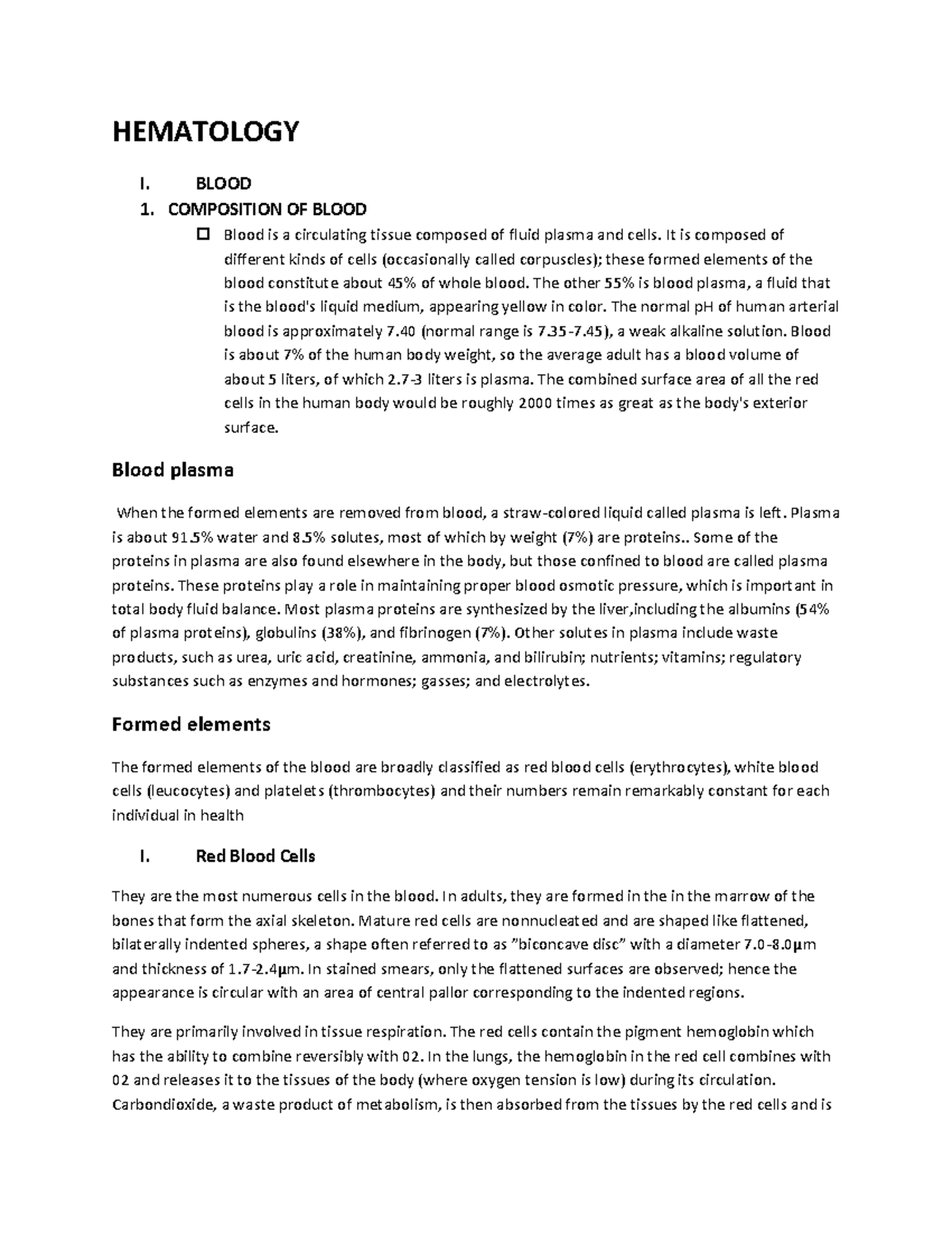 Hematology - Reviewer Notes - HEMATOLOGY I. BLOOD 1. COMPOSITION OF ...
