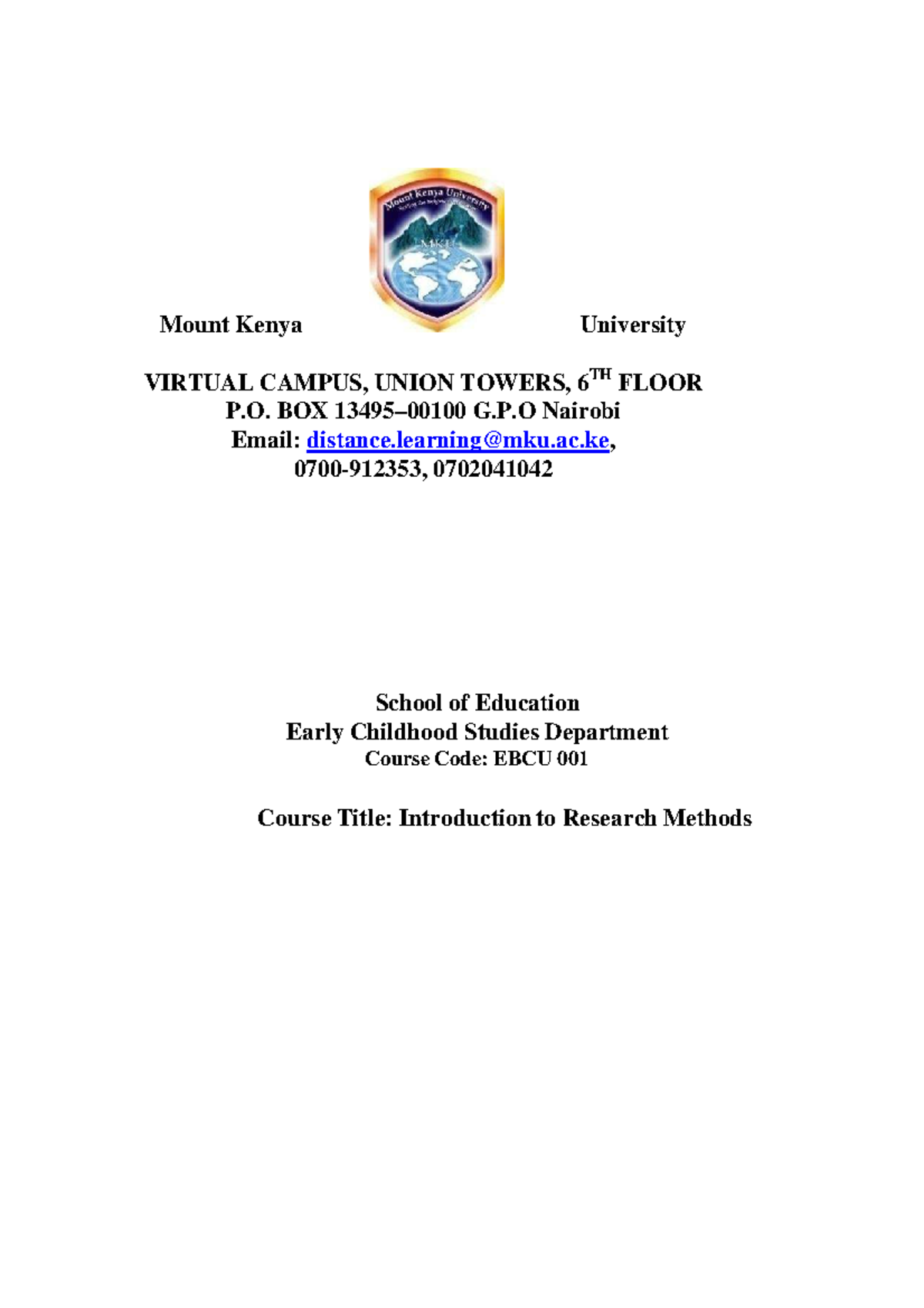 EBCU 001 Research Methodology Mount Kenya University VIRTUAL CAMPUS 