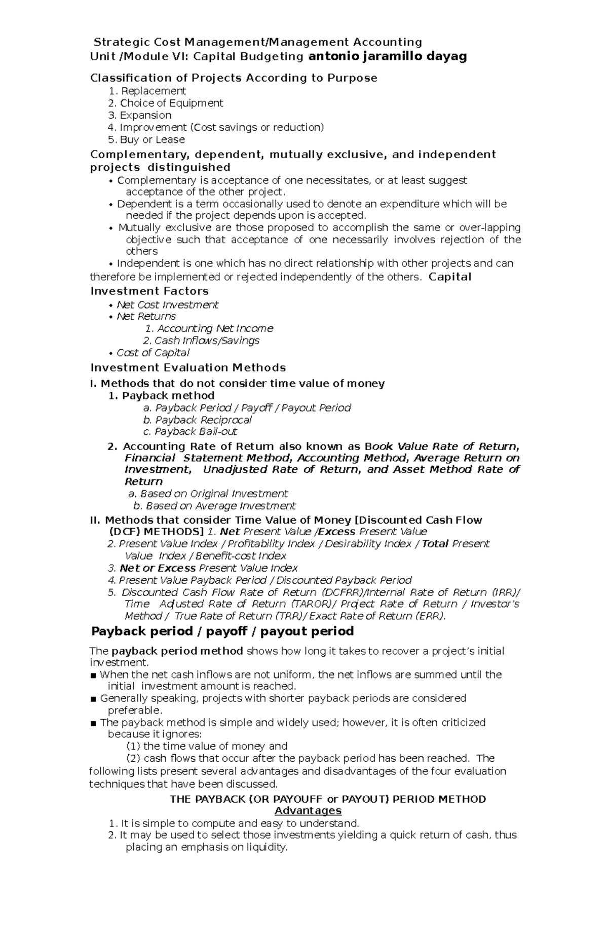 6 Capital Budgeting Handout - Strategic Cost Management/Management ...