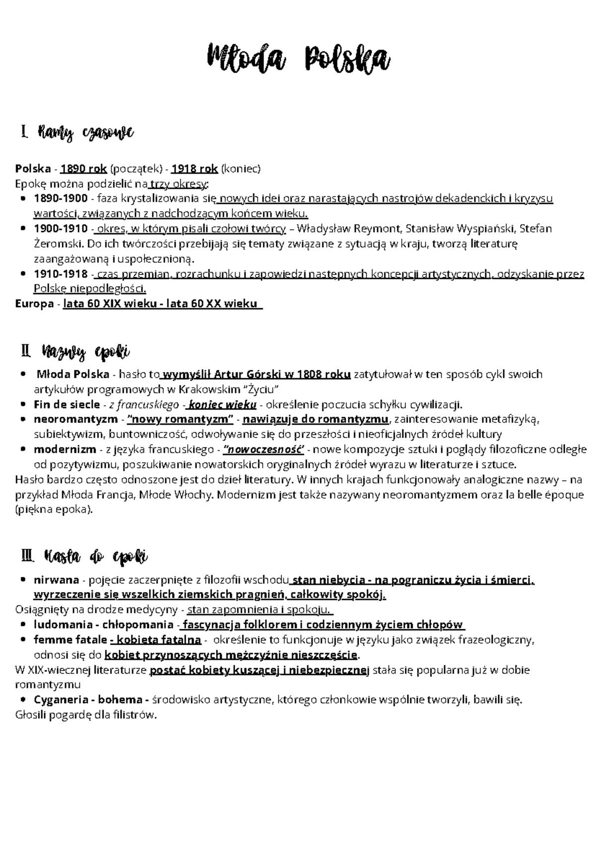 Młoda Polska informacje - Młoda Polska I. Ramy czasowe Polska - 1890