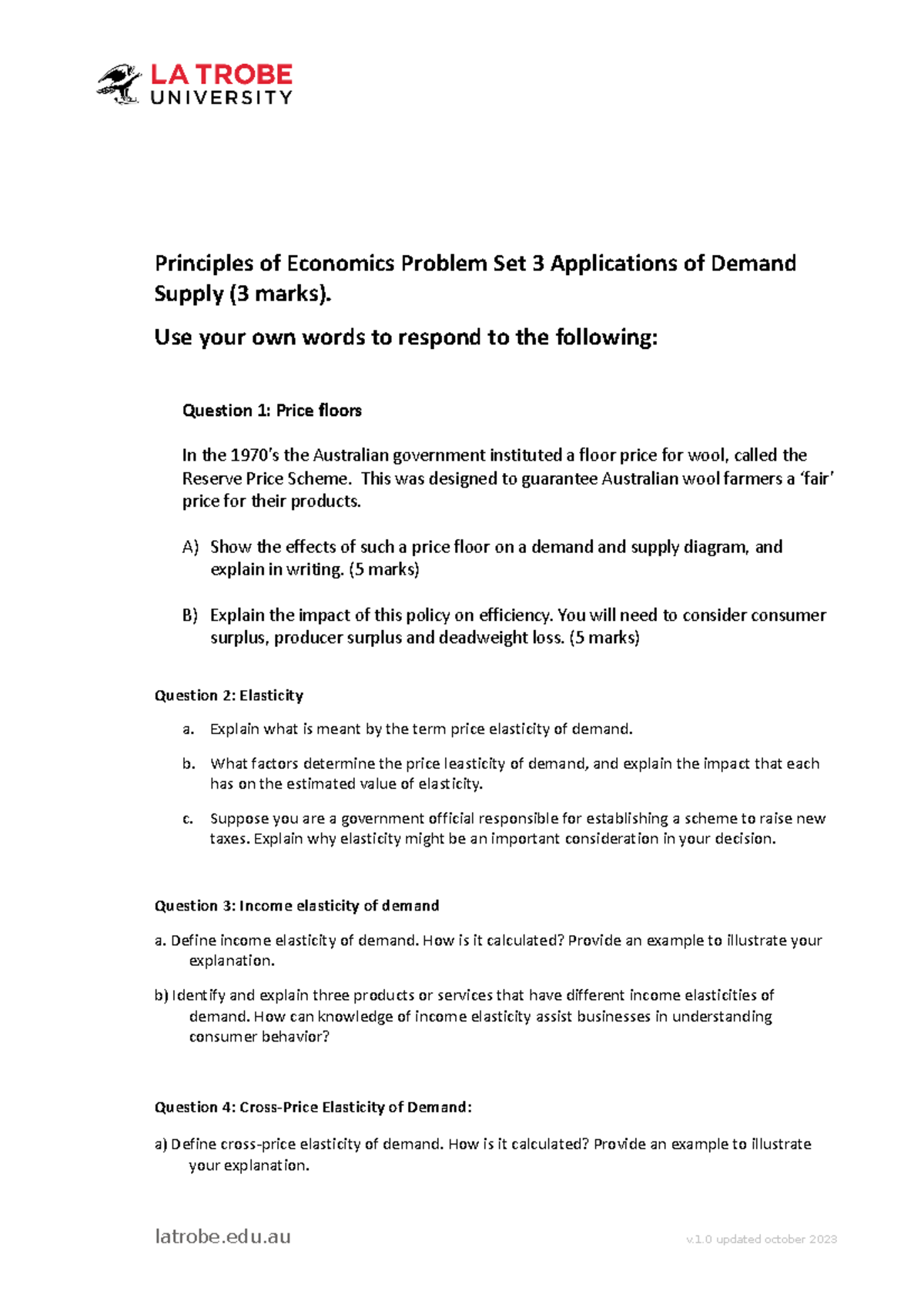 Problem Set 3 Applications of Demand and Supply - MSMME005 - LaTrobe ...