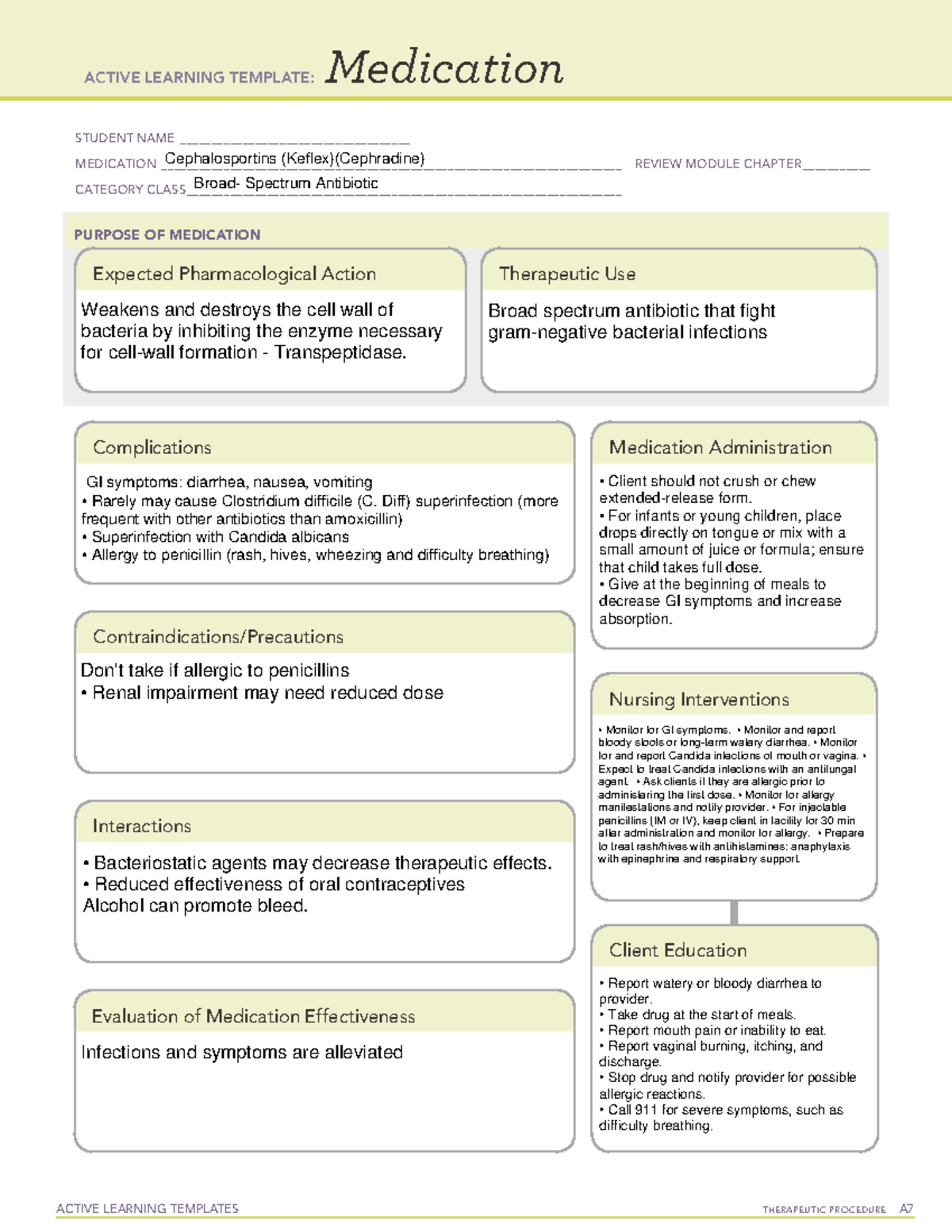 ATI Cephalosportins (Keflex)(Cephradine) Med Sheet - PNSG 2330 - Lanier ...