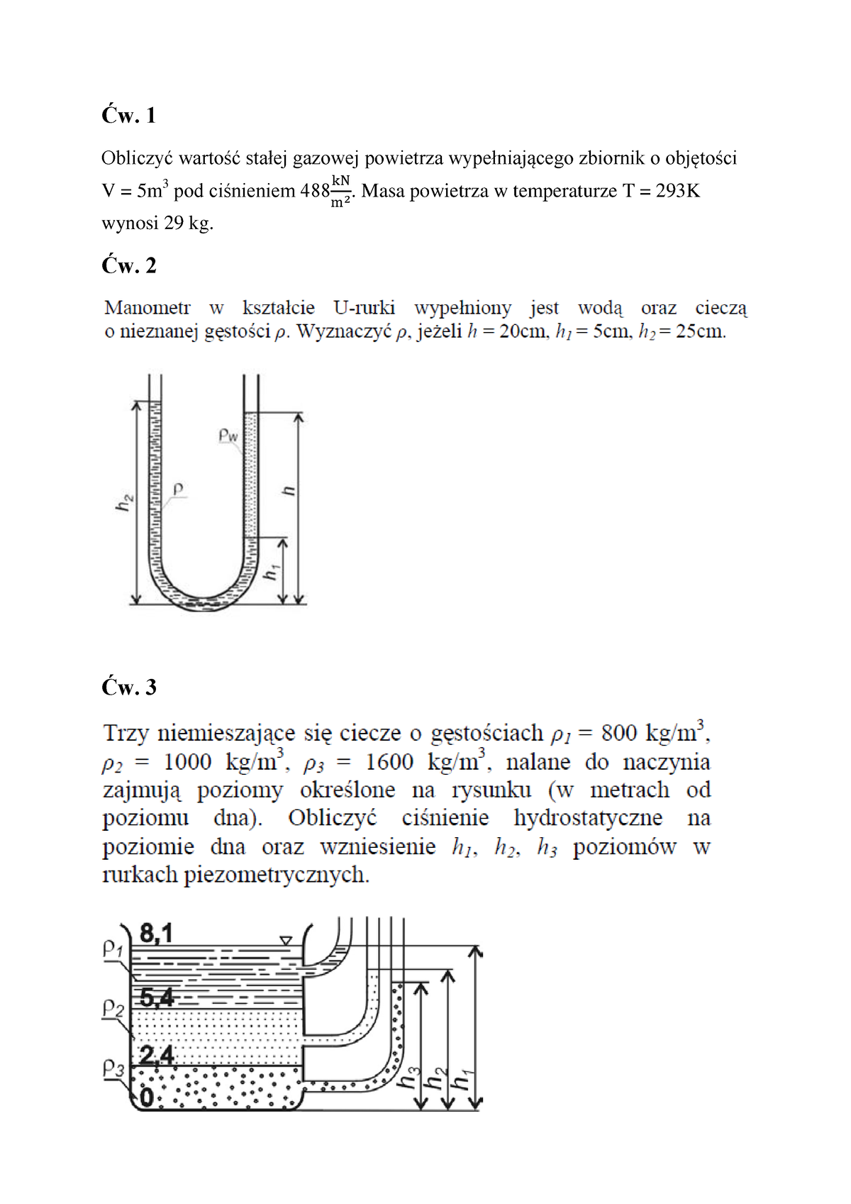 Wiczenia Ci Nienie Hydrostatyczne Obliczy Warto Sta Ej