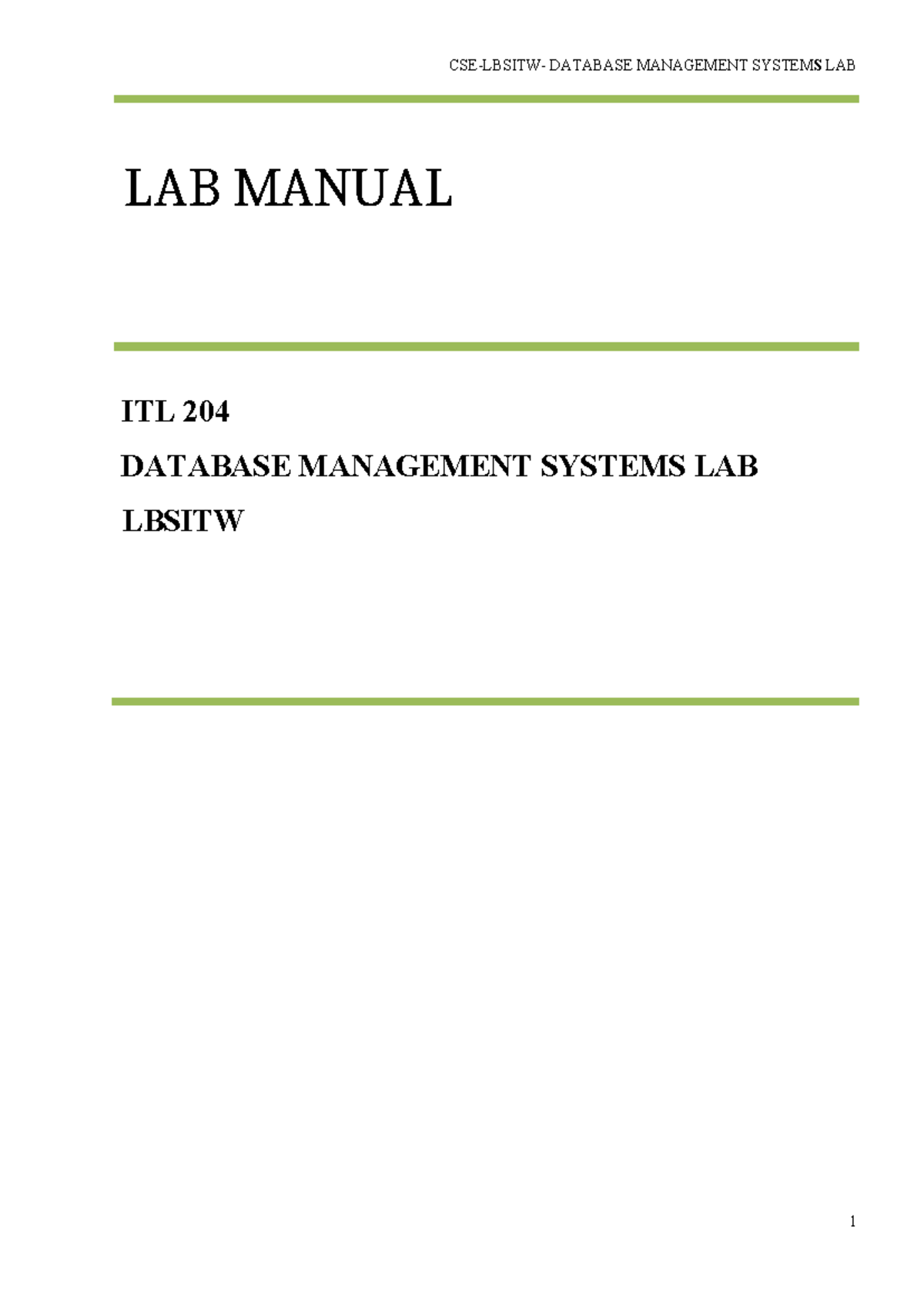 Lab manual DBMS - LAB MANUAL ITL 204 DATABASE MANAGEMENT SYSTEMS LAB ...