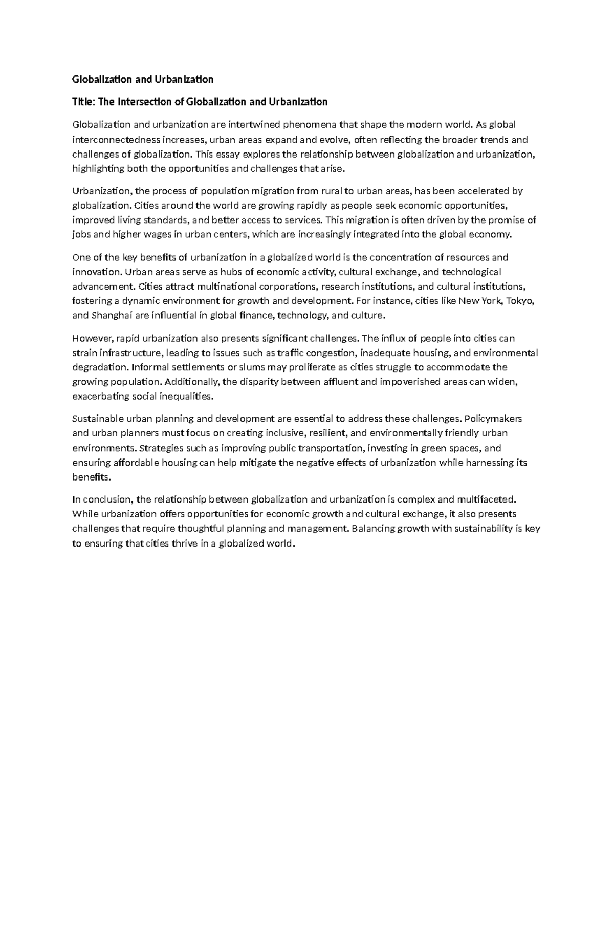 Globalization and Urbanization - Globalization and Urbanization Title ...
