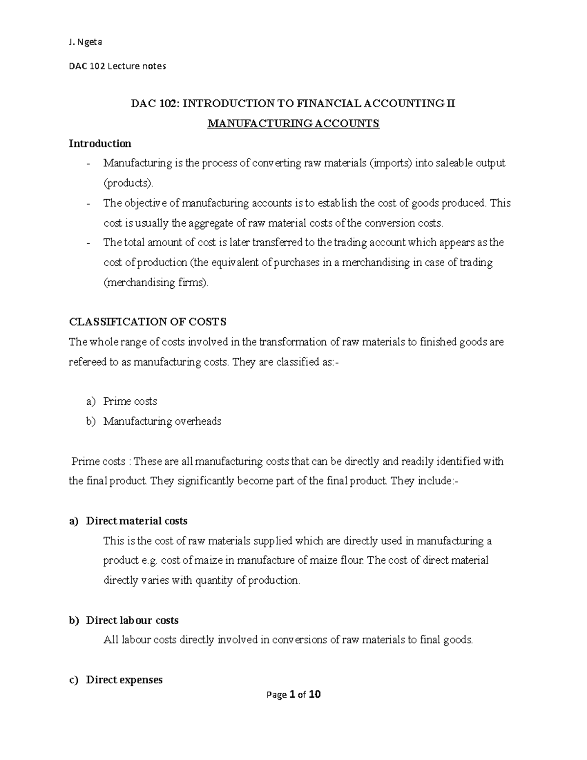 Manufacturing accounting for year 1 DAC 102 Lecture notes DAC 102 INTRODUCTION TO FINANCIAL