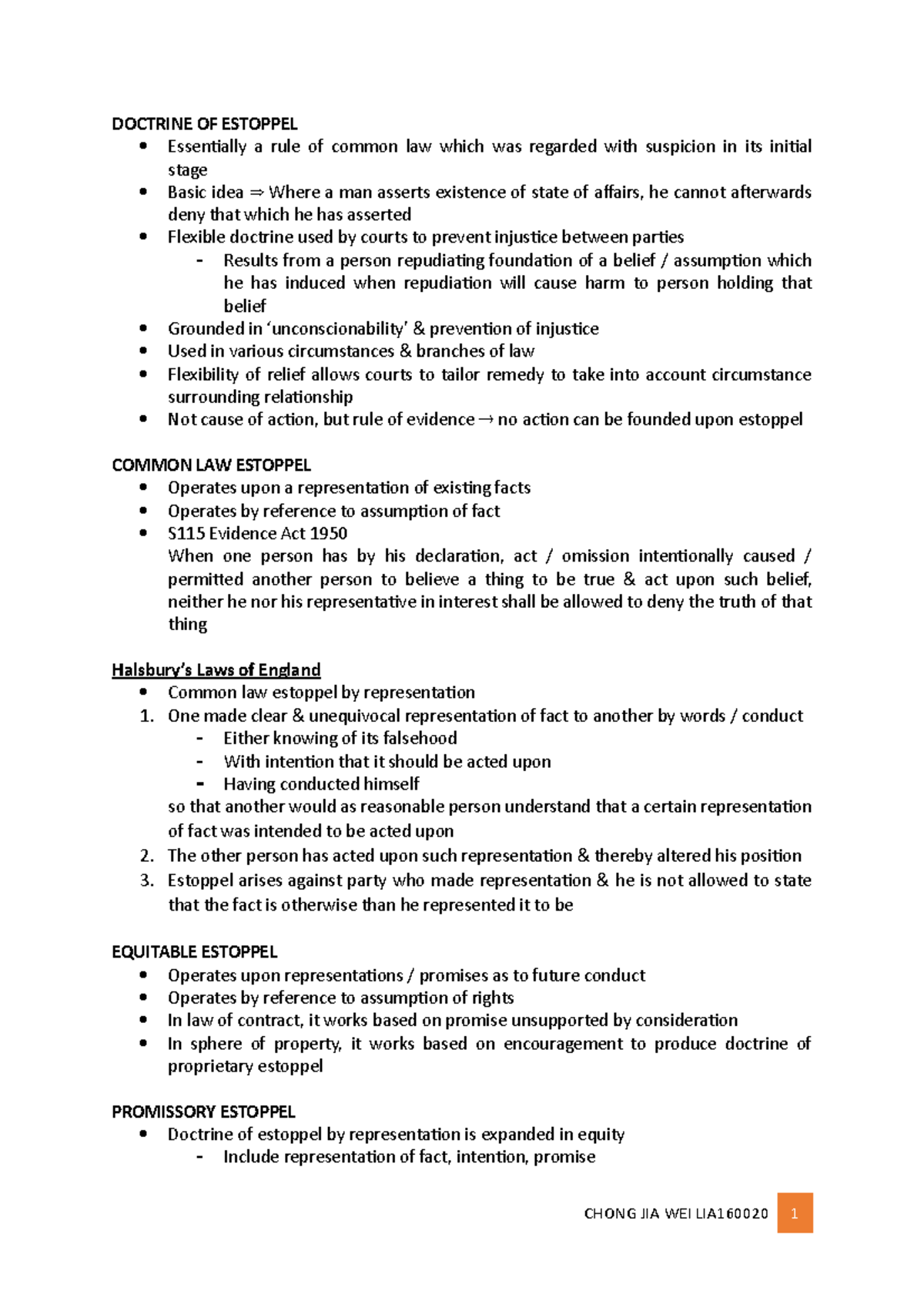 05 Doctrine OF Estoppel - DOCTRINE OF ESTOPPEL Essentially a rule of ...