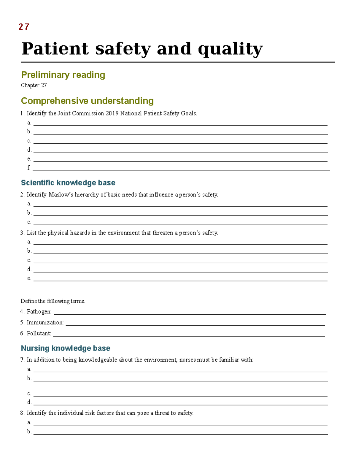 Ch 27 Patient Safety and Quality Study Guide 27 Patient safety and
