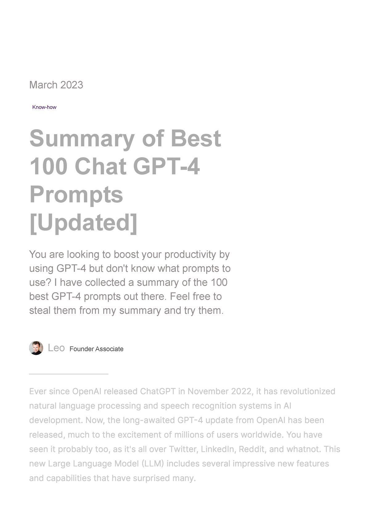 Summary of Best 100 Chat GPT-4 Prompts - March 2023 Know-how Summary of