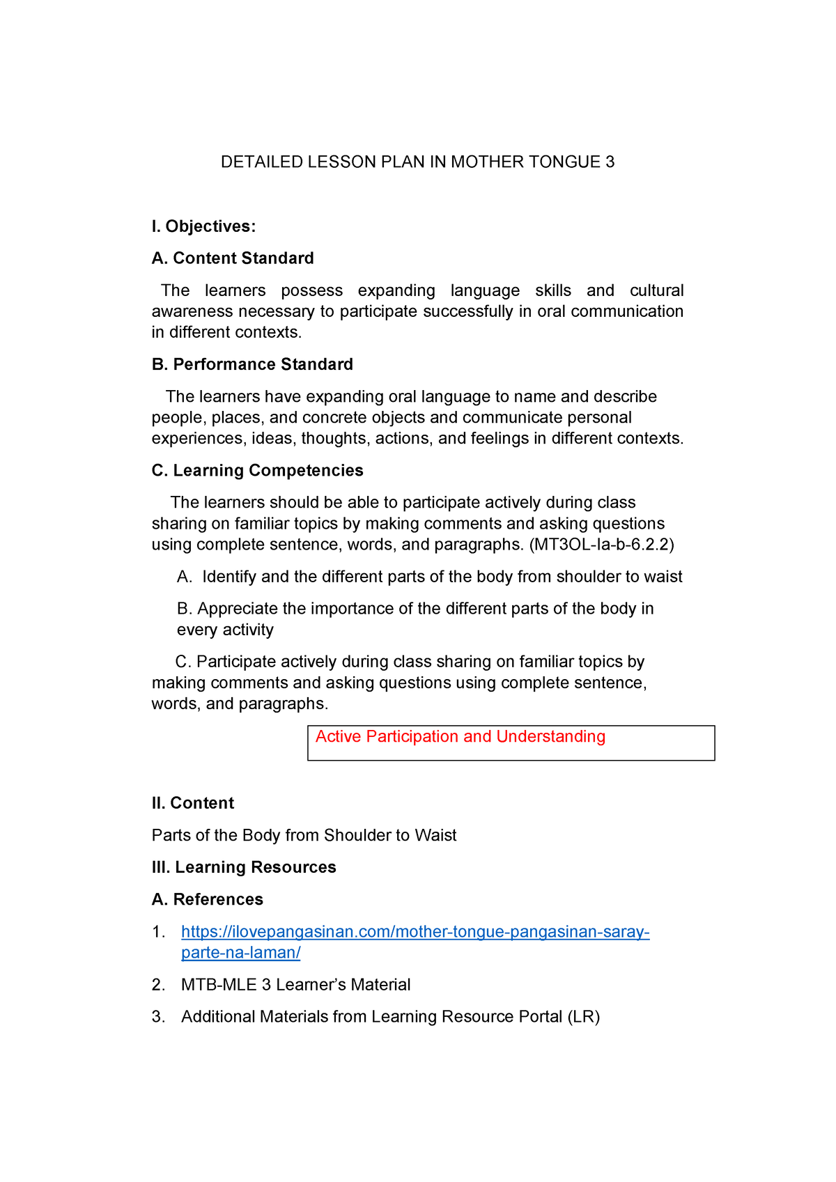 Mtb Mle Lesson Plan Milbert Ambrth Detailed Lesson Plan In Mother Tongue 3 I Objectives A 9588