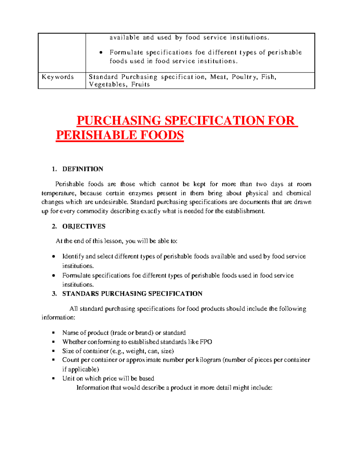 Purchasing Specification FOR Perishable Foods - available and used by ...