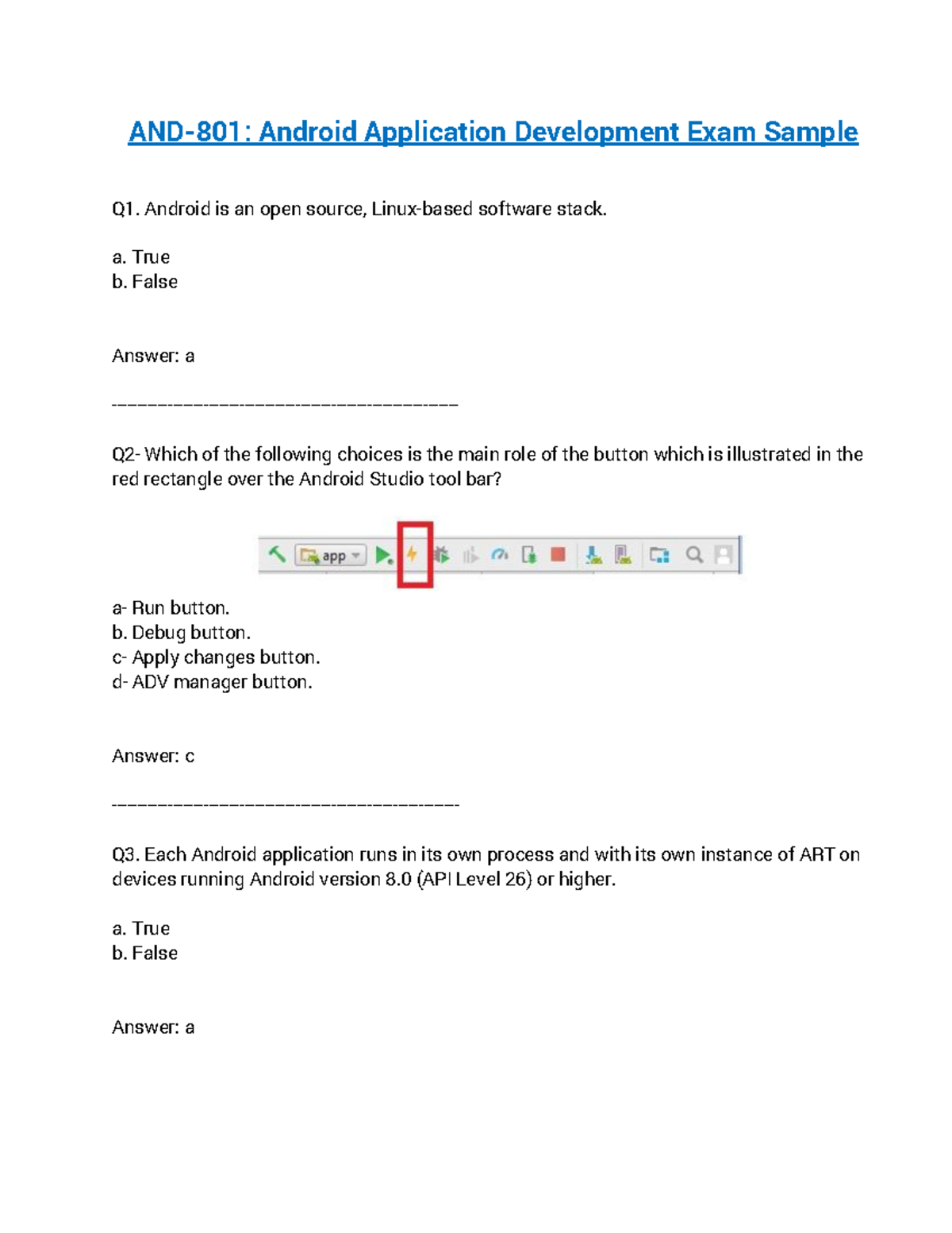 AND 801 Android Application Development Exam Sample - Android is an ...
