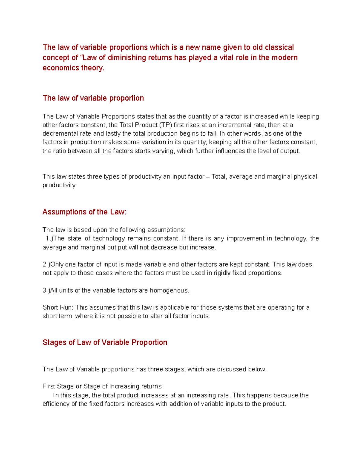 Law of variable proportion - The law of variable proportion The Law of ...