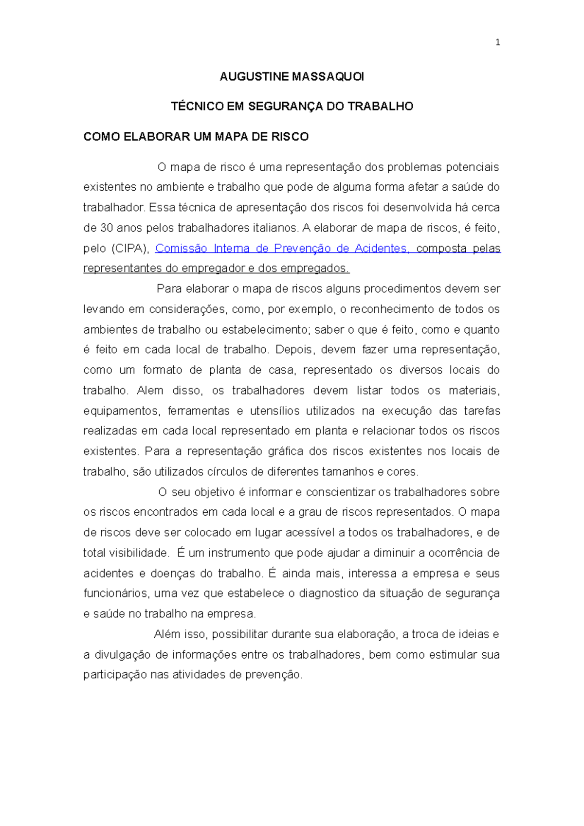 Como elaborar um mapa de riscos - 1 AUGUSTINE MASSAQUOI TÉCNICO EM ...