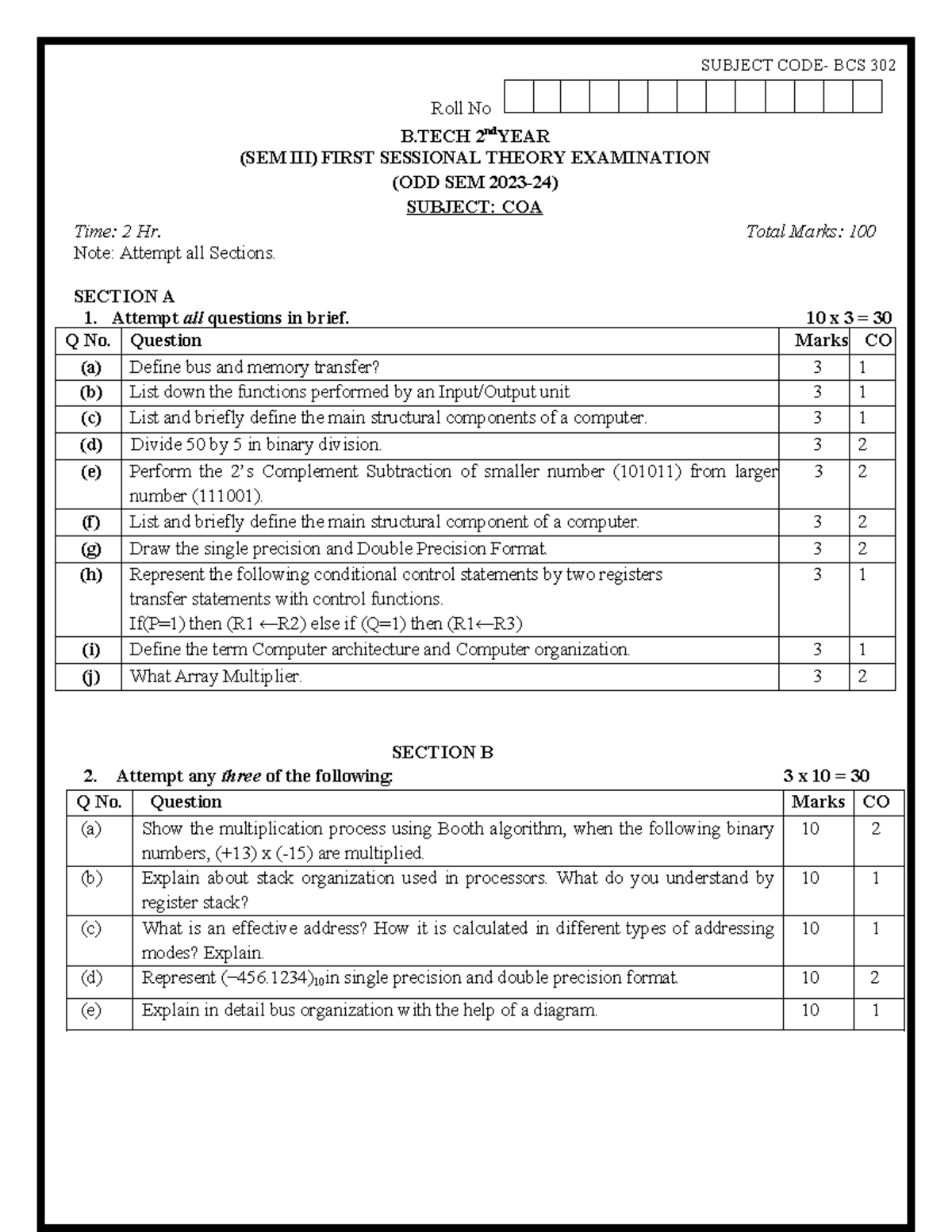 COA I- Sessional Paper - computer - SUBJECT CODE- BCS 302 Roll No B ...