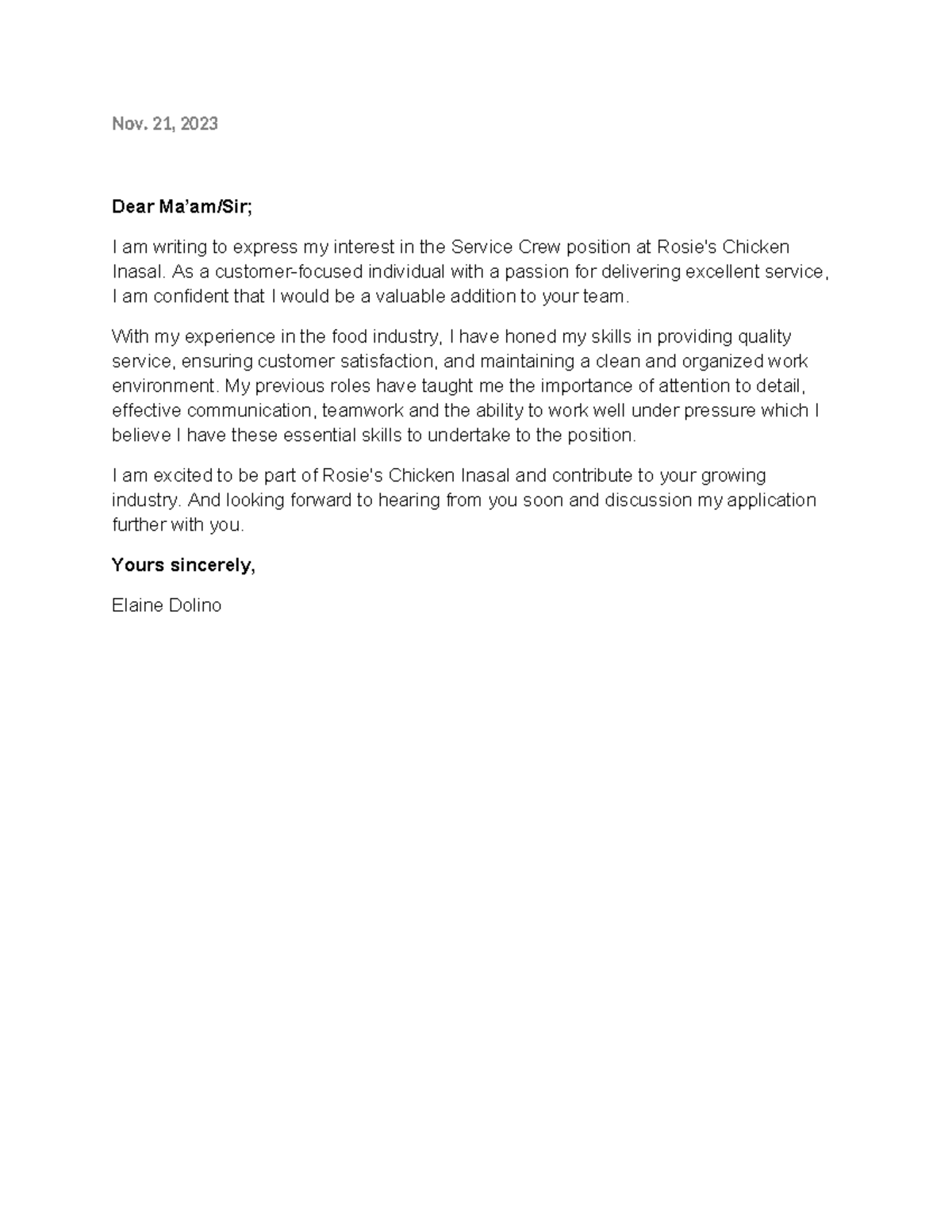 Cover Letter - Nov. 21, 2023 Dear Ma’am/Sir; I am writing to express my ...